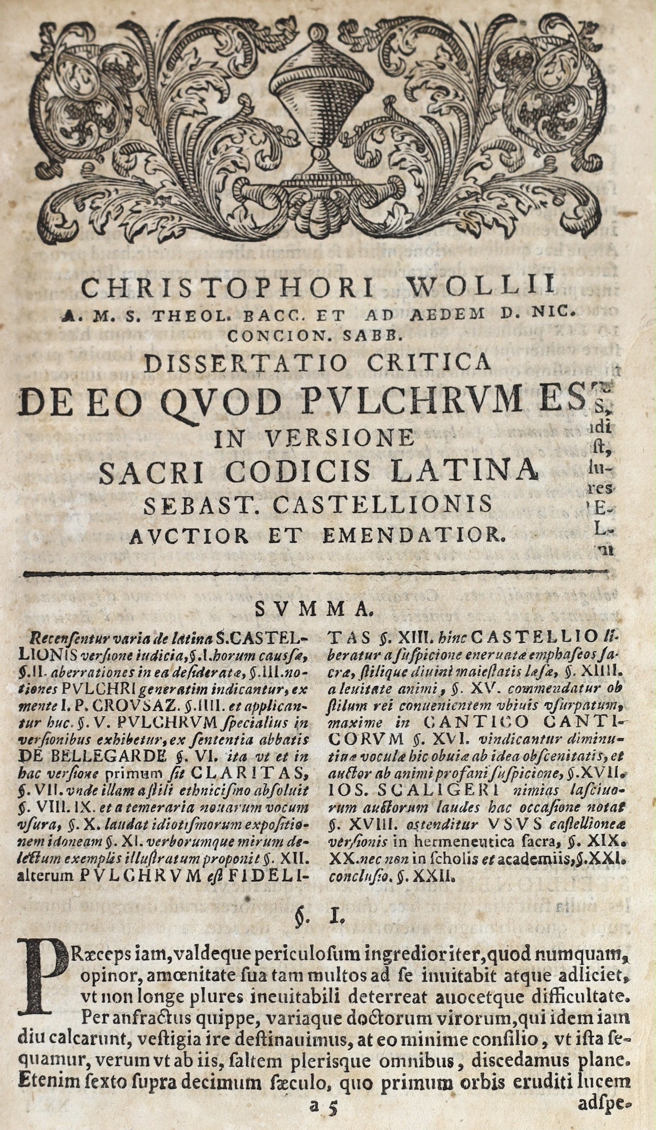 Biblia Sacra - The Bible in Latin, Sebastianus Castellio’s interpretation, the Old Testament, 8vo, original vellum, lacking title a pp. 1 & 2, with folding plate of Salomon’s Temple, Samuel Benjamin Walter, Leipzig, 1735